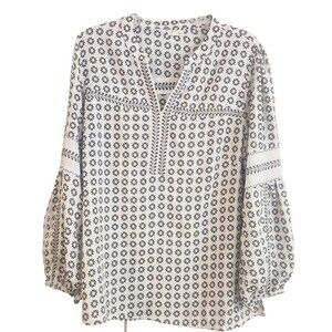 Boho Tunic Top Sz XL Antilia Femme Black & White Floral Blouse Peasant Y2K